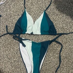 Teal and White Colorblock Bikini Set
